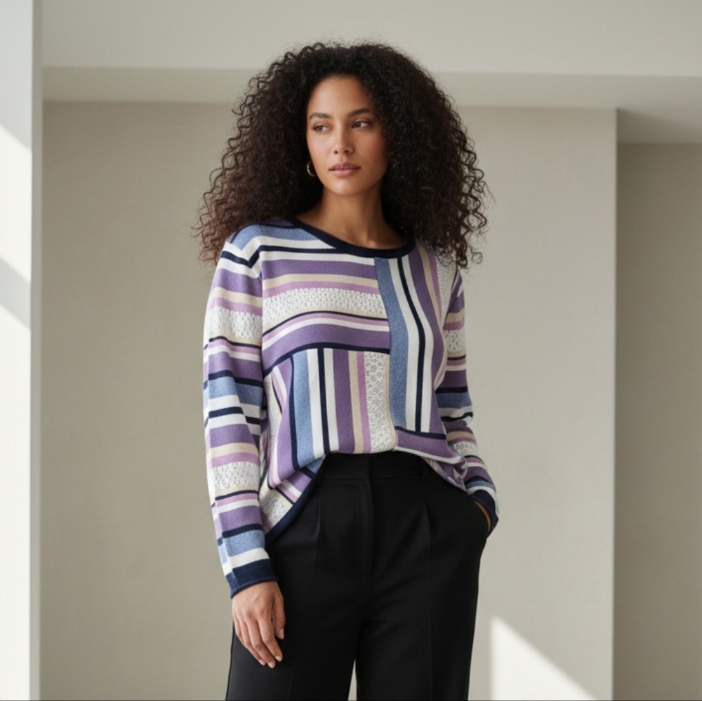 Alfred Dunner Patchwork Stripe Cotton Sweater L